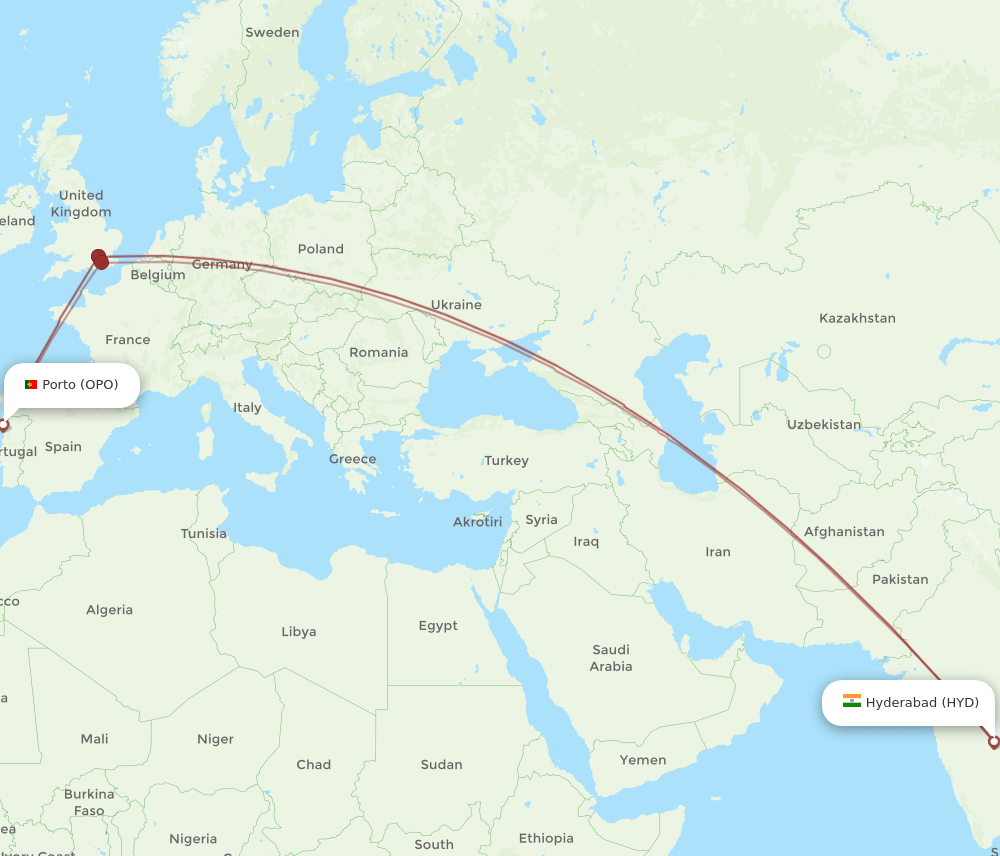 OPO to HYD flights and routes map