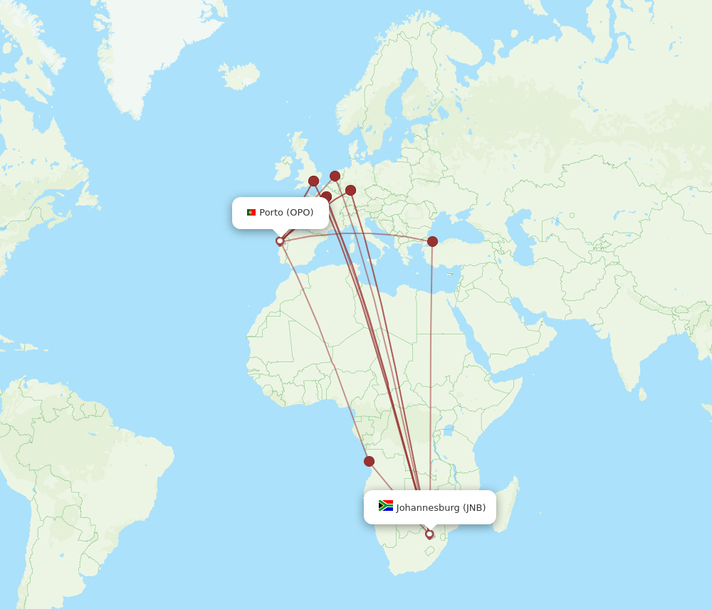 OPO to JNB flights and routes map