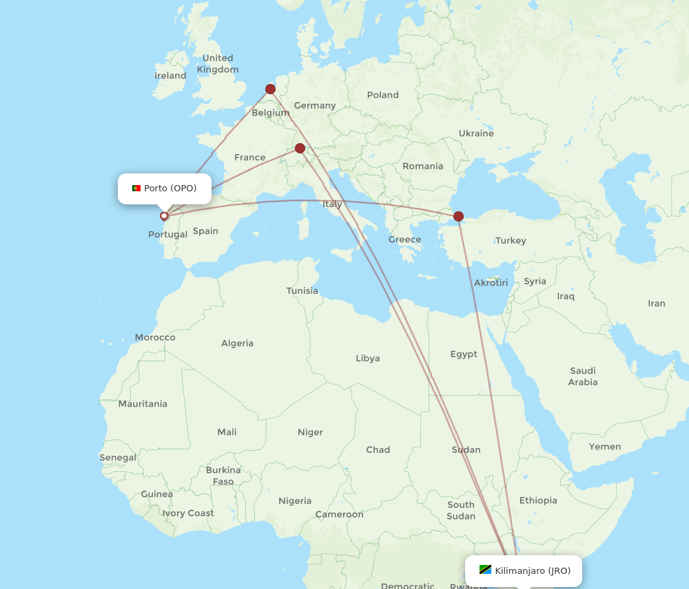 OPO to JRO flights and routes map