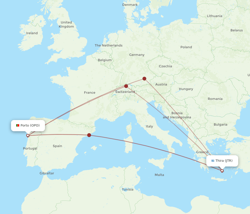 OPO to JTR flights and routes map