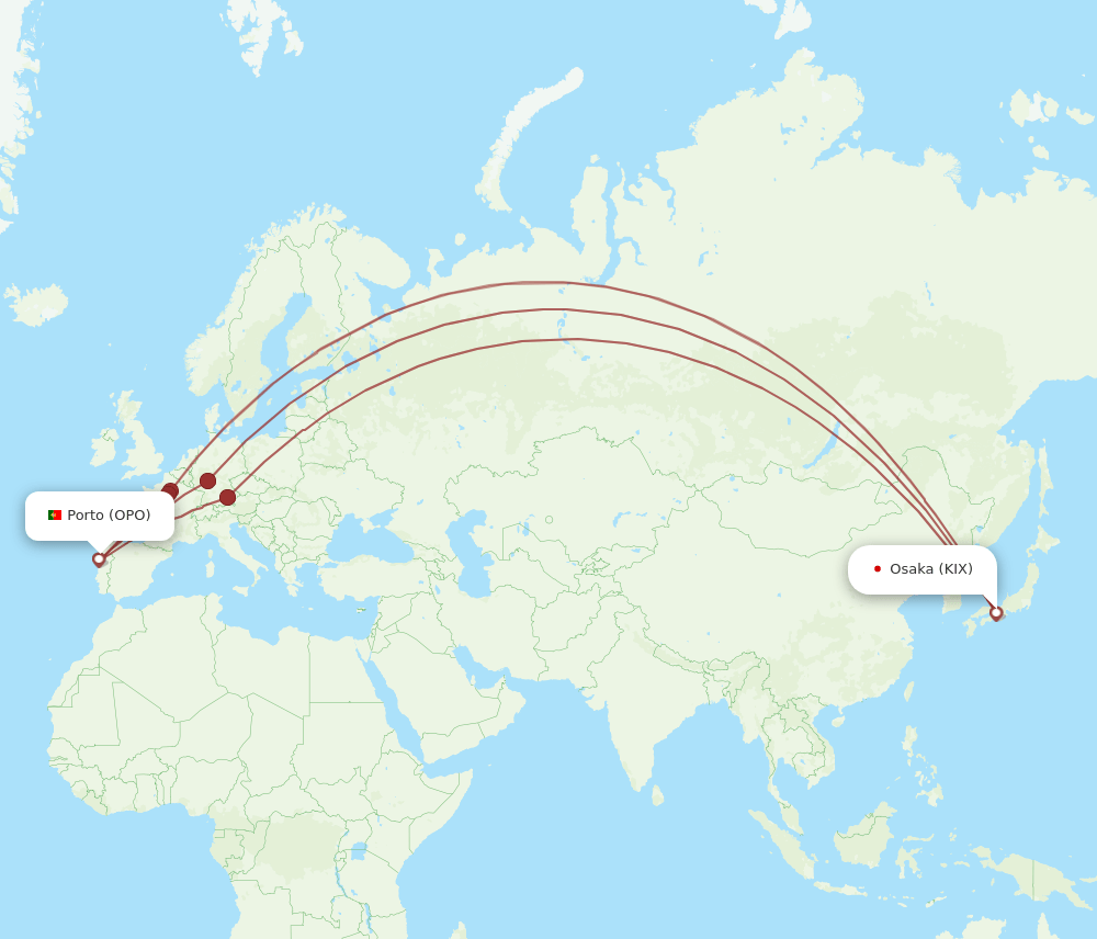 Osaka - Porto route map and flight paths