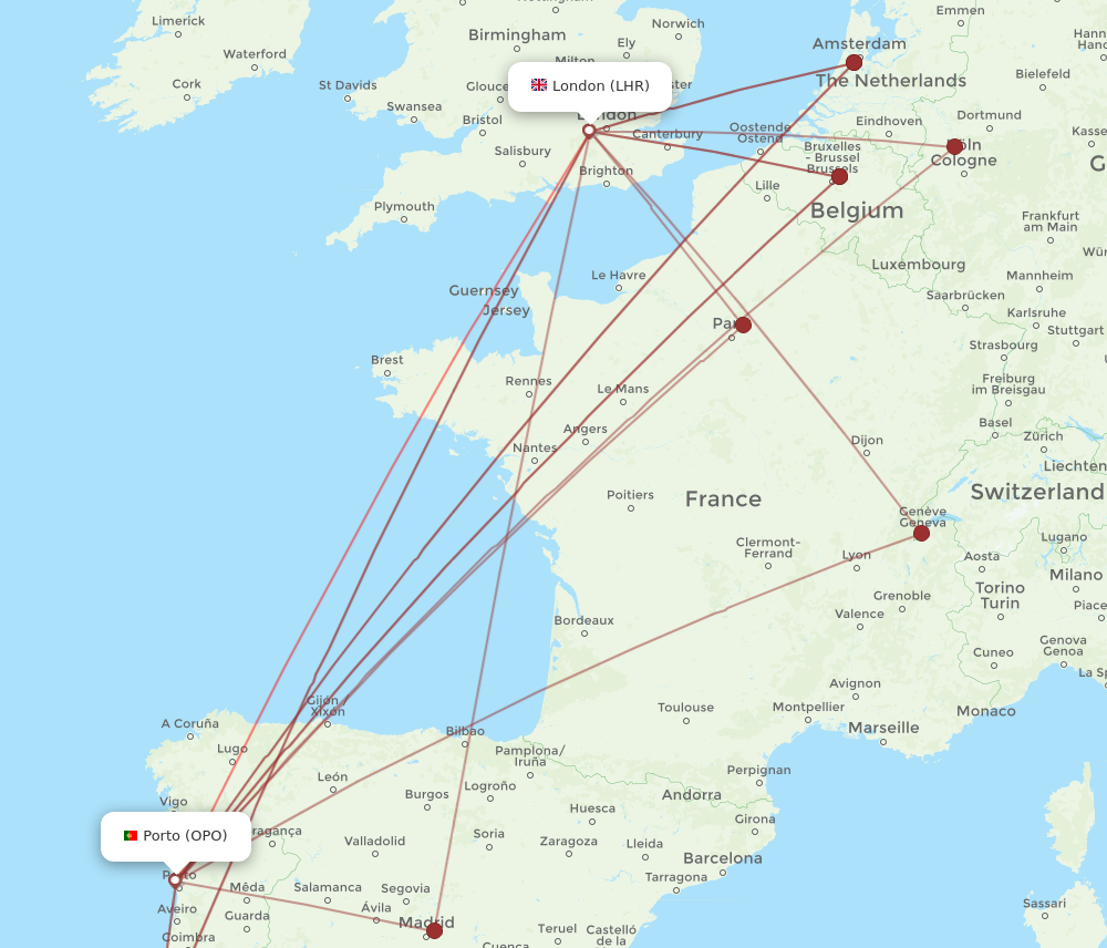 OPO to LHR flights and routes map
