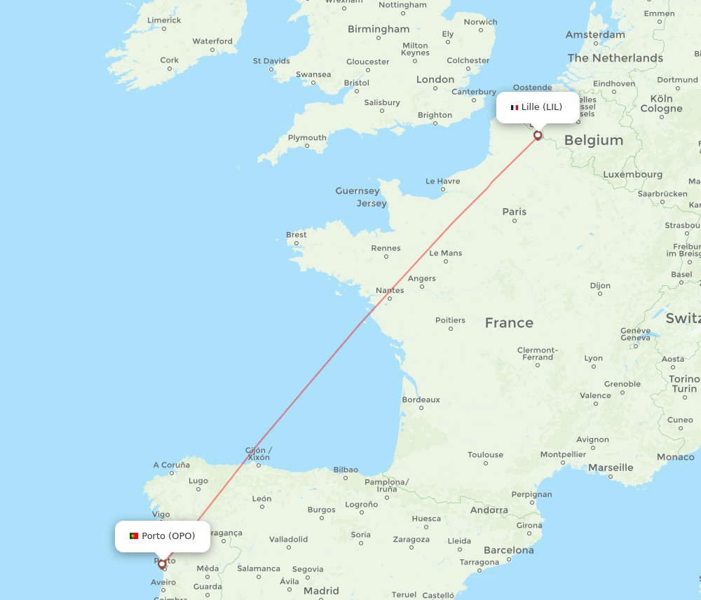 Porto - Lille route map and flight paths