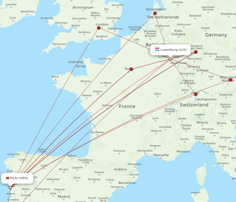 OPO to LUX flights and routes map
