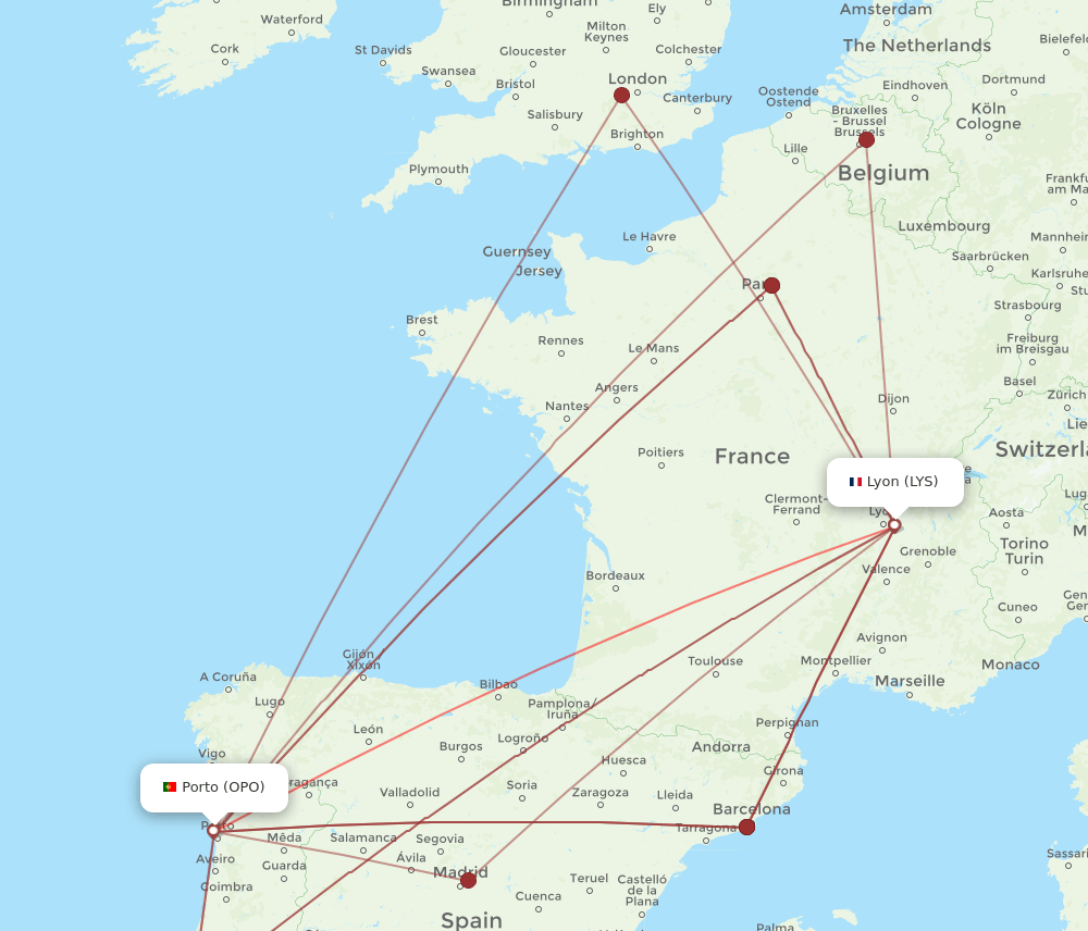 OPO to LYS flights and routes map