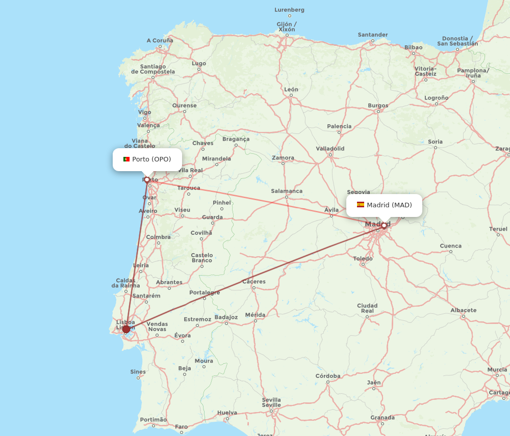 OPO to MAD flights and routes map