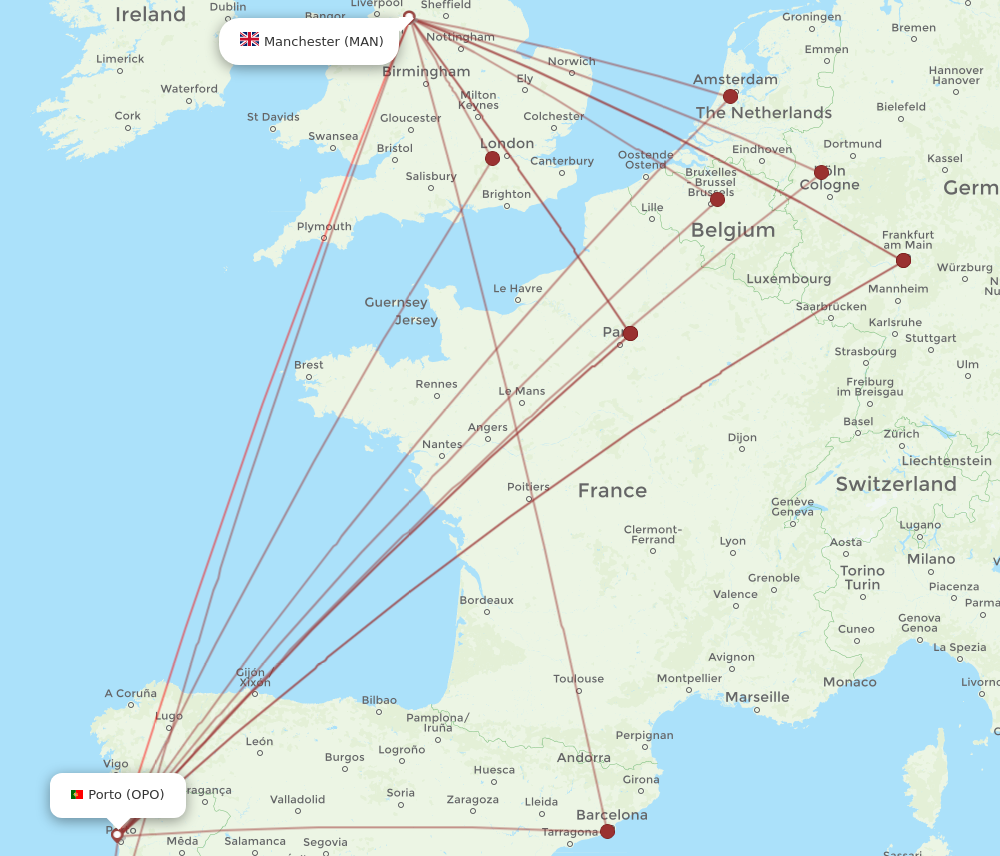 OPO to MAN flights and routes map
