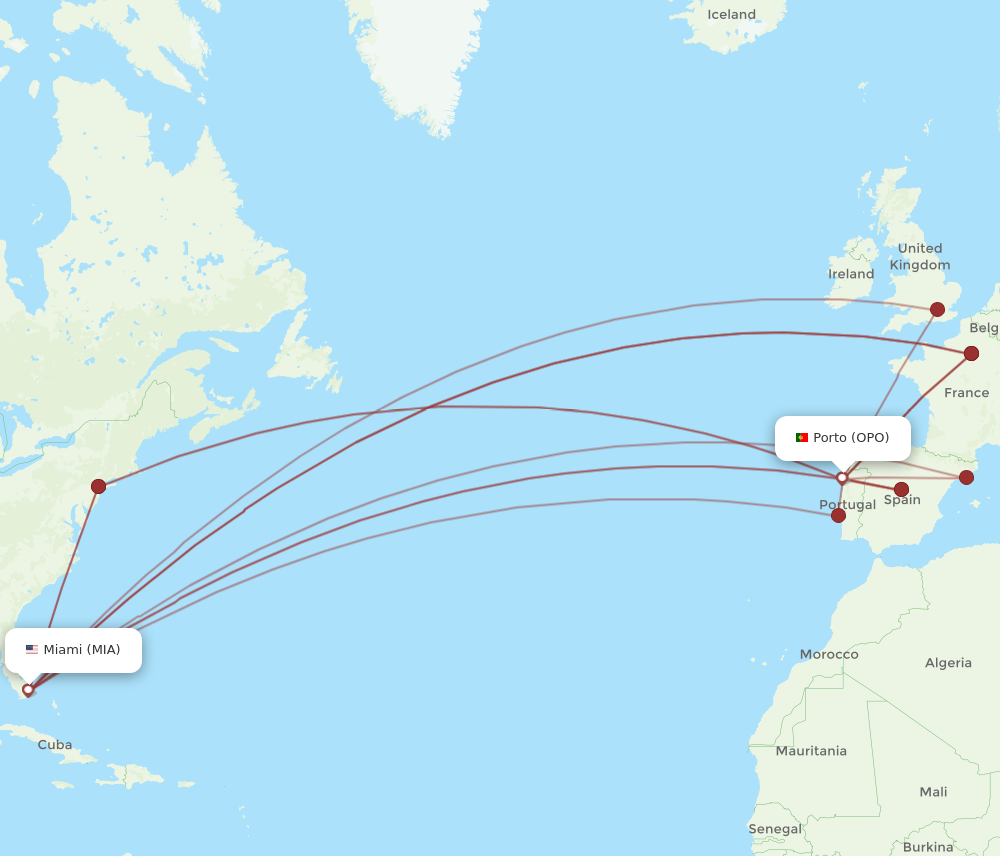 OPO to MIA flights and routes map