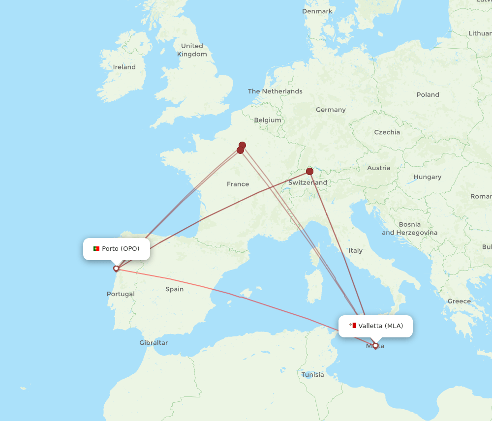 OPO-MLA flight routes
