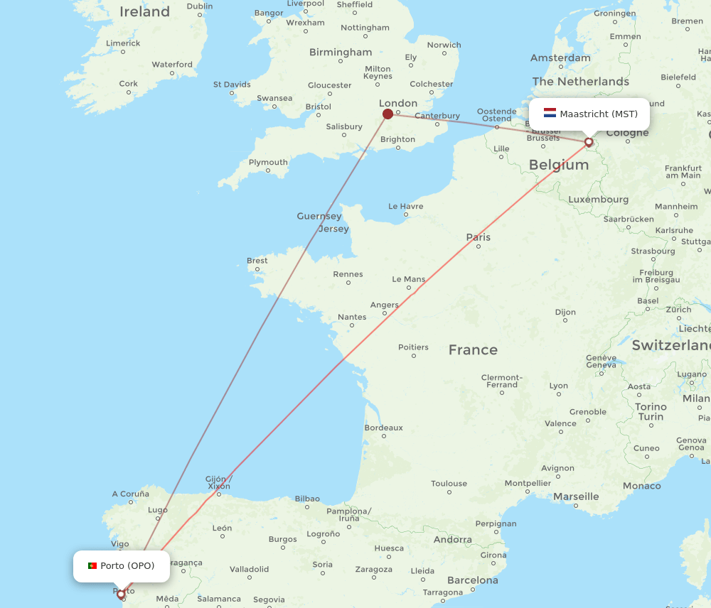 Porto - Maastricht route map and flight paths