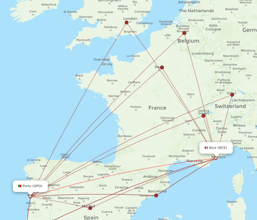 OPO to NCE flights and routes map