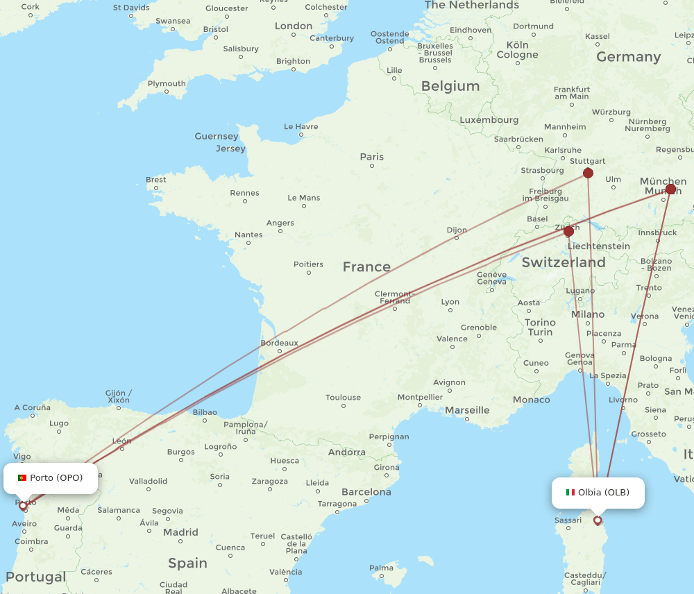 OPO to OLB flights and routes map