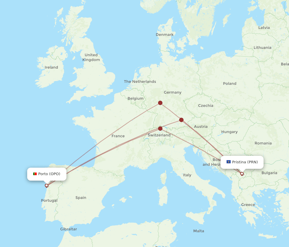 OPO to PRN flights and routes map