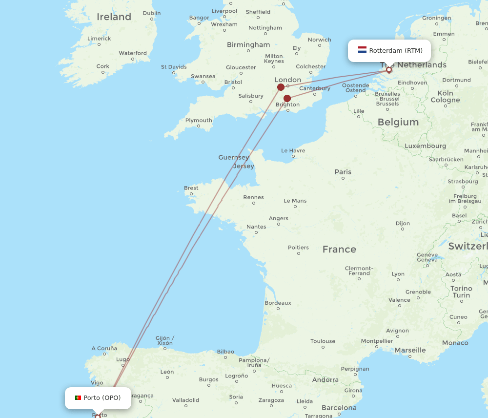 OPO to RTM flights and routes map