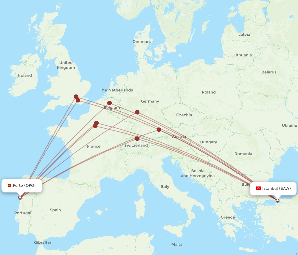OPO to SAW flights and routes map