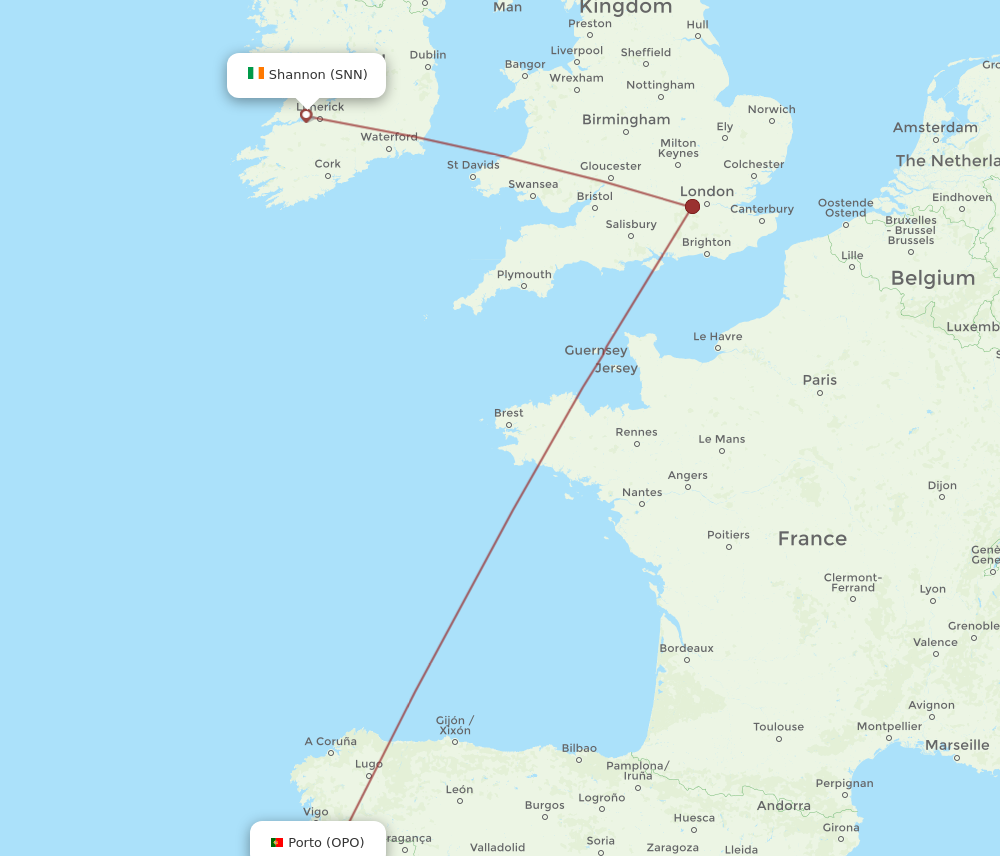 OPO to SNN flights and routes map