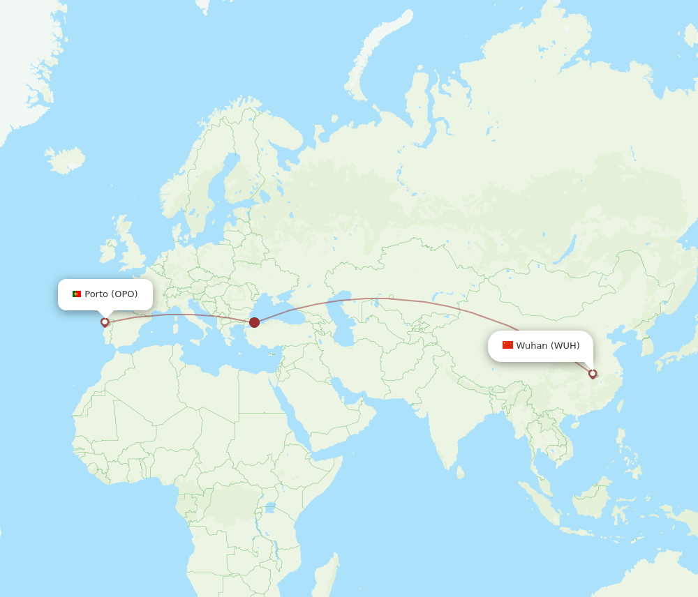 Wuhan - Porto route map and flight paths