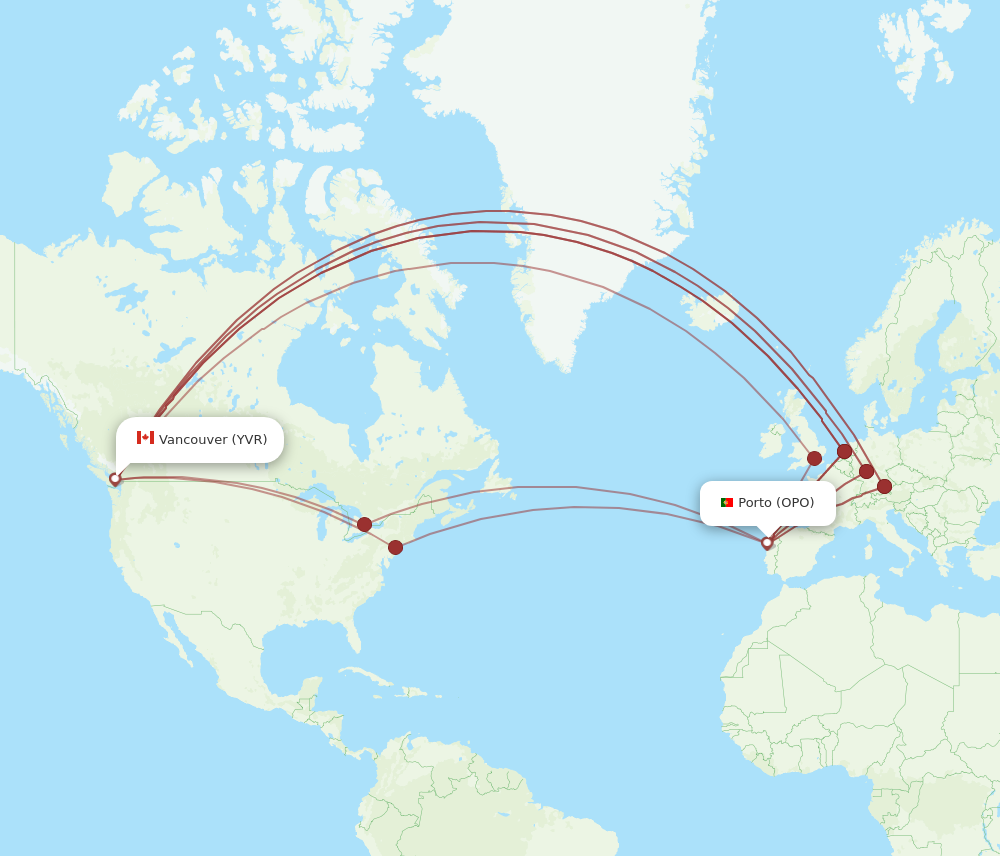 YVR to OPO flights and routes map