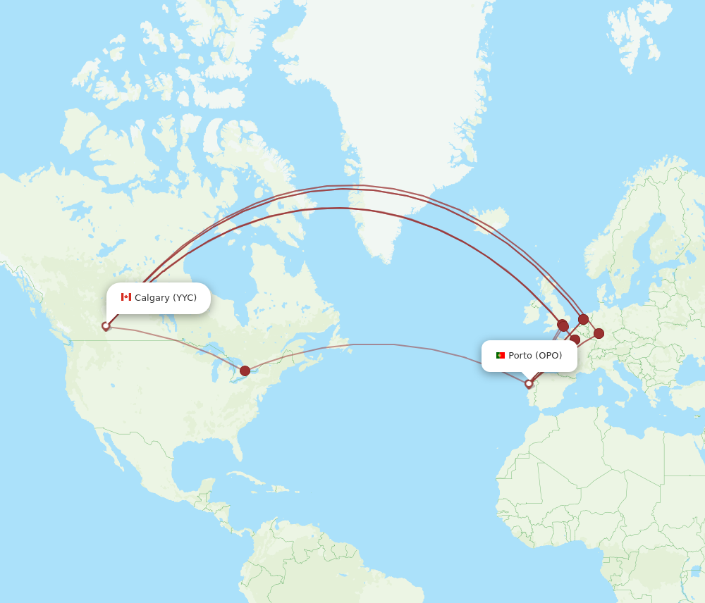 YYC to OPO flights and routes map
