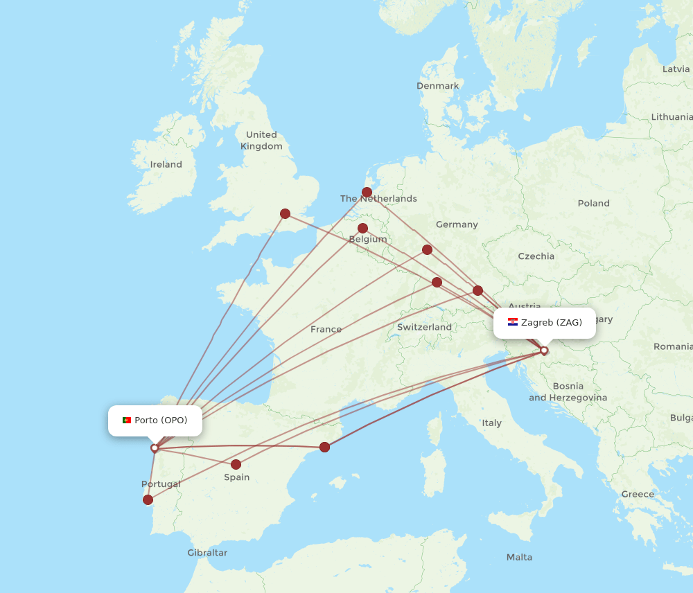 Zagreb - Porto route map and flight paths
