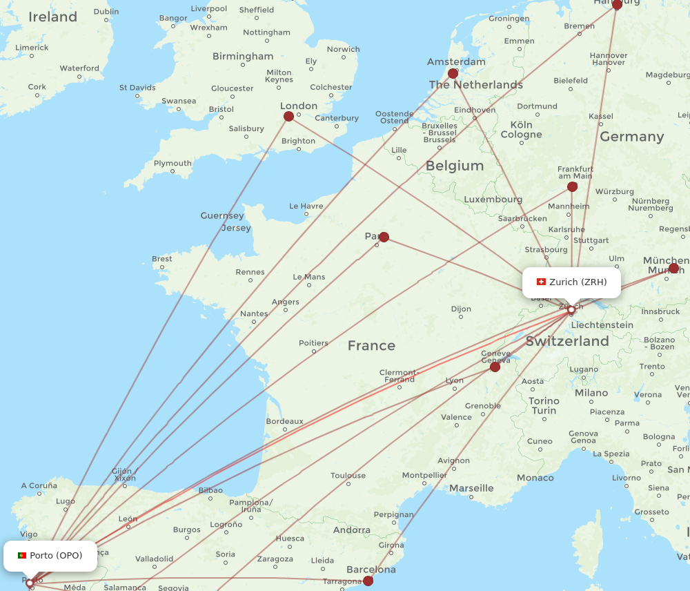 OPO to ZRH flights and routes map