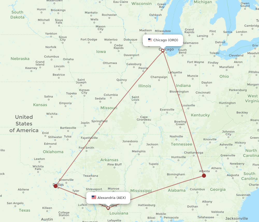 ORD-AEX flight routes