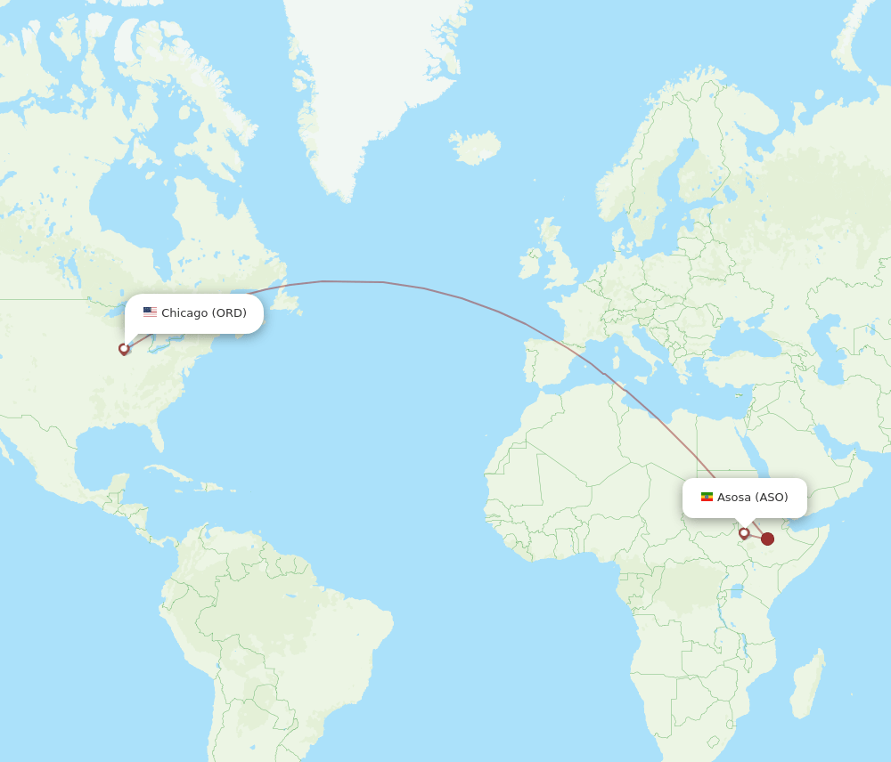 Asosa - Chicago route map and flight paths