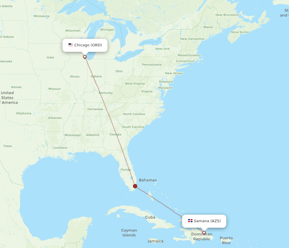 Chicago - El Catey/Samana route map and flight paths