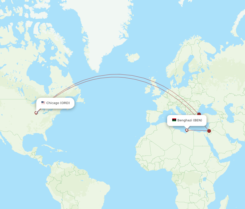 ORD to BEN flights and routes map