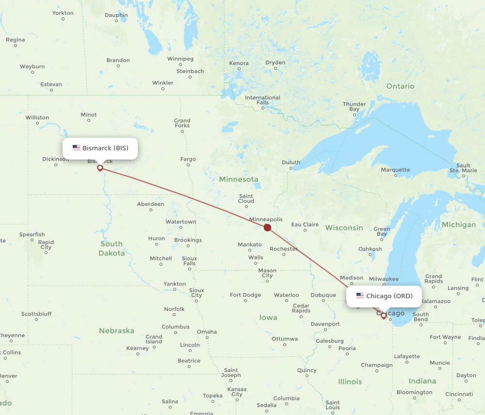 ORD to BIS flights and routes map