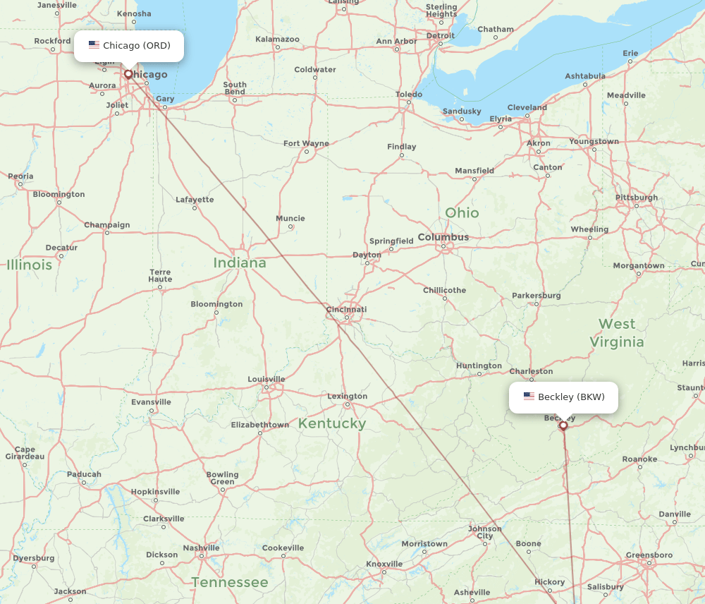 ORD to BKW flights and routes map