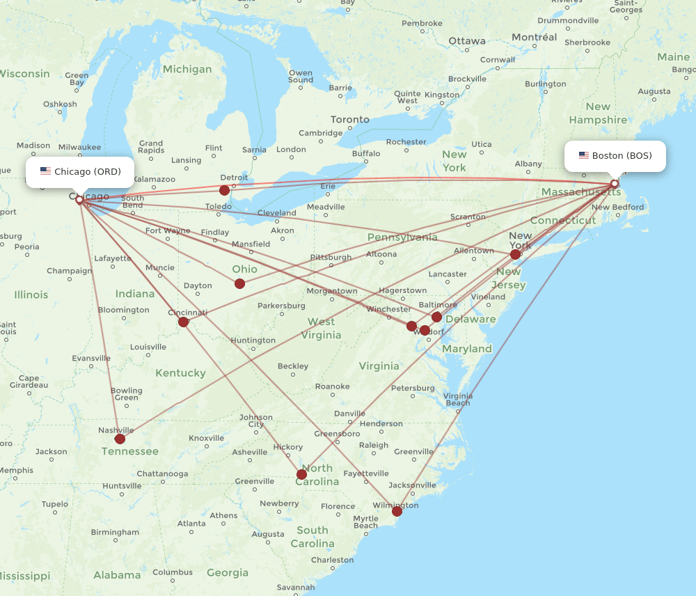 ORD-BOS flight routes