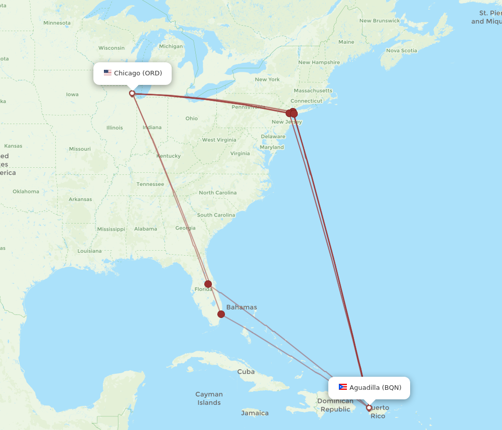 ORD to BQN flights and routes map