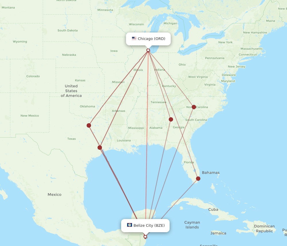 ORD to BZE flights and routes map