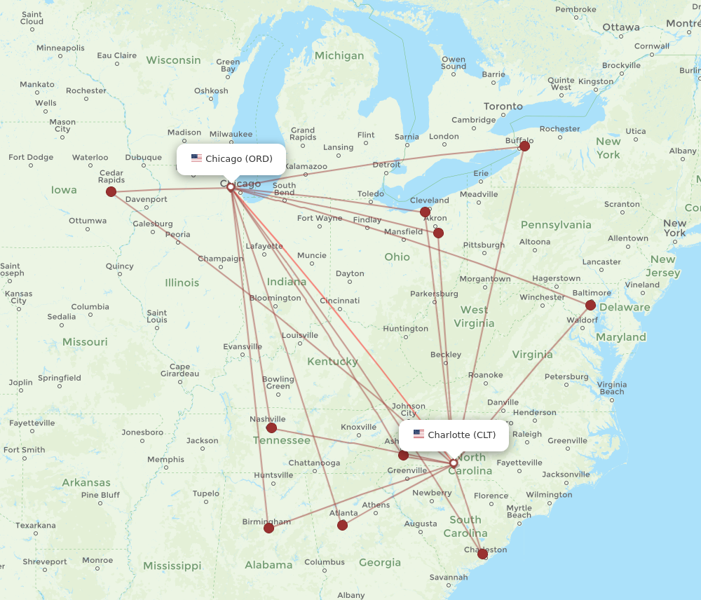 Chicago - Charlotte route map and flight paths