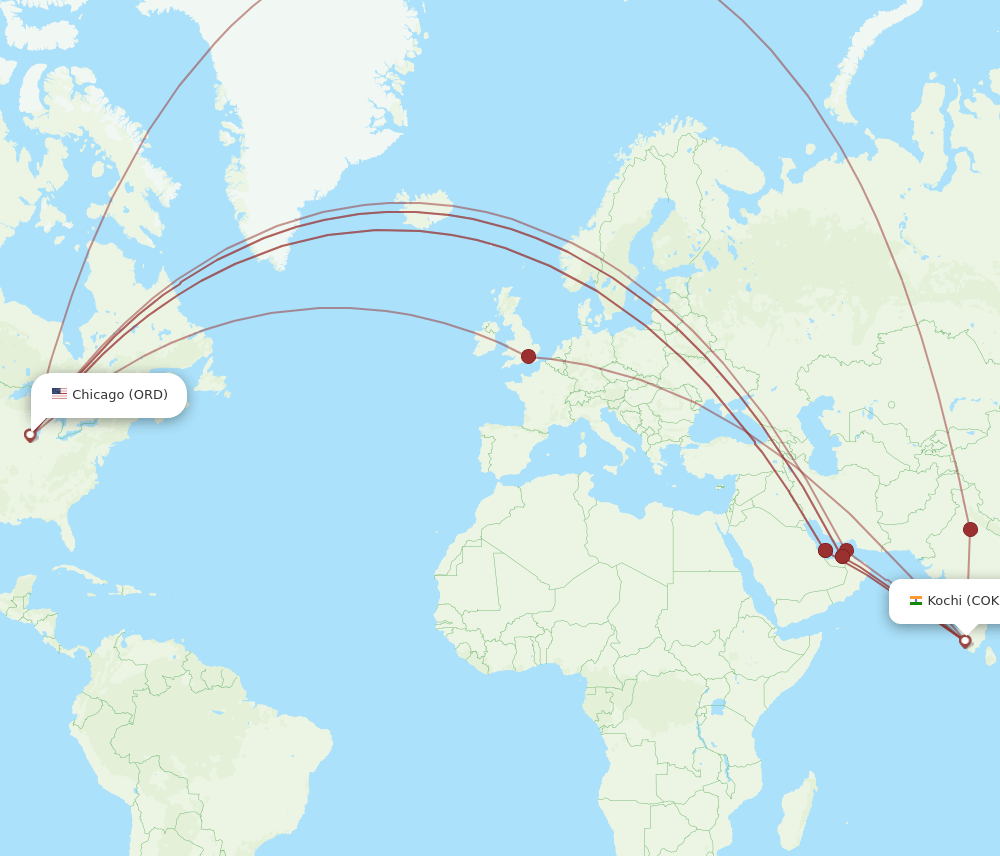 ORD to COK flights and routes map