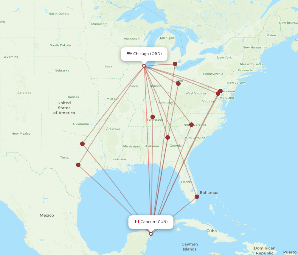 ORD to CUN flights and routes map