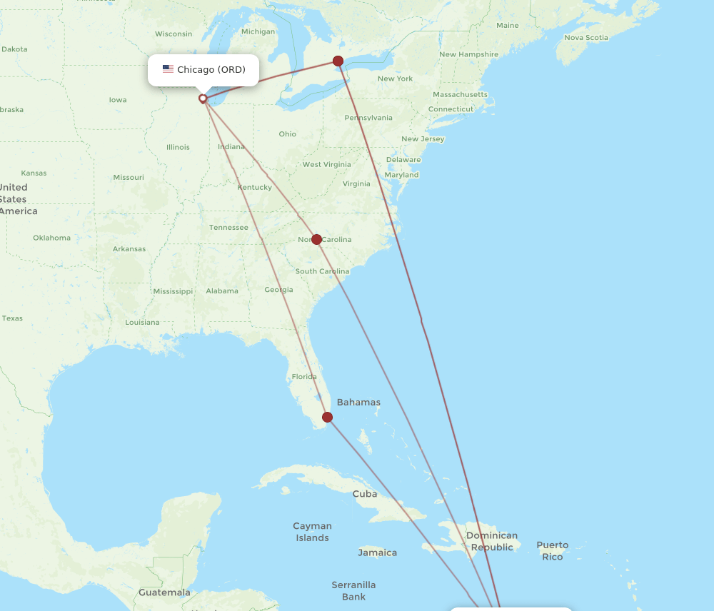 ORD-CUR flight routes