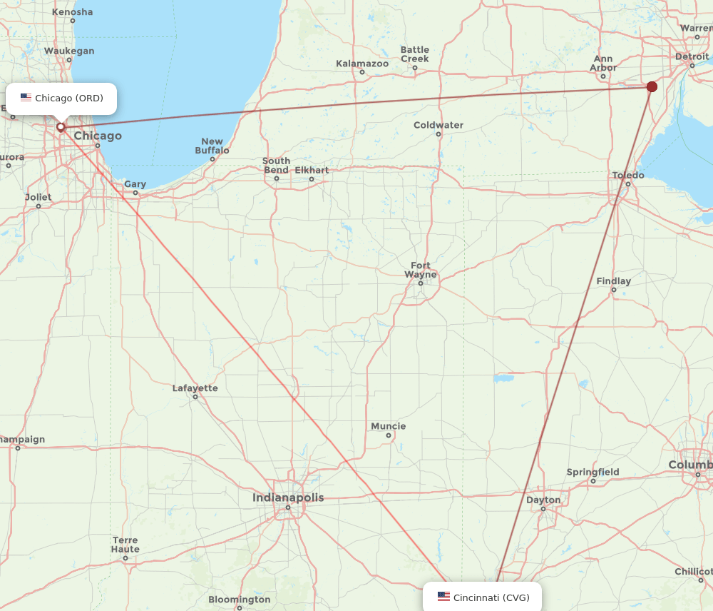 ORD to CVG flights and routes map
