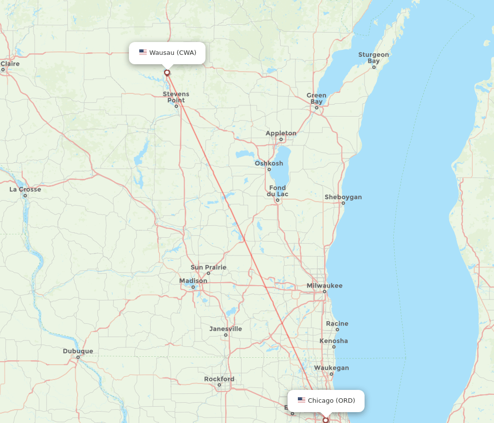 Chicago - Wausau route map and flight paths