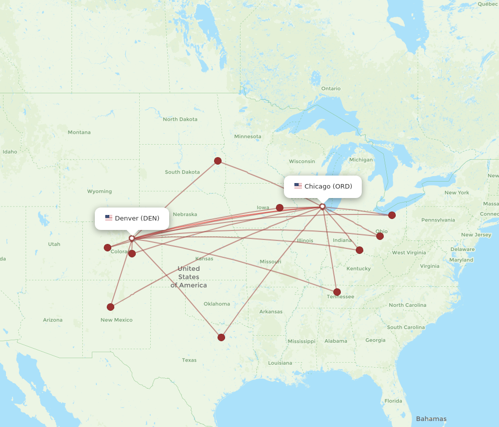 Chicago - Denver route map and flight paths