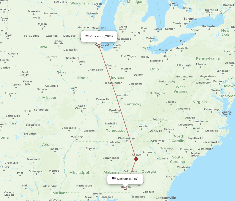 ORD-DHN flight routes