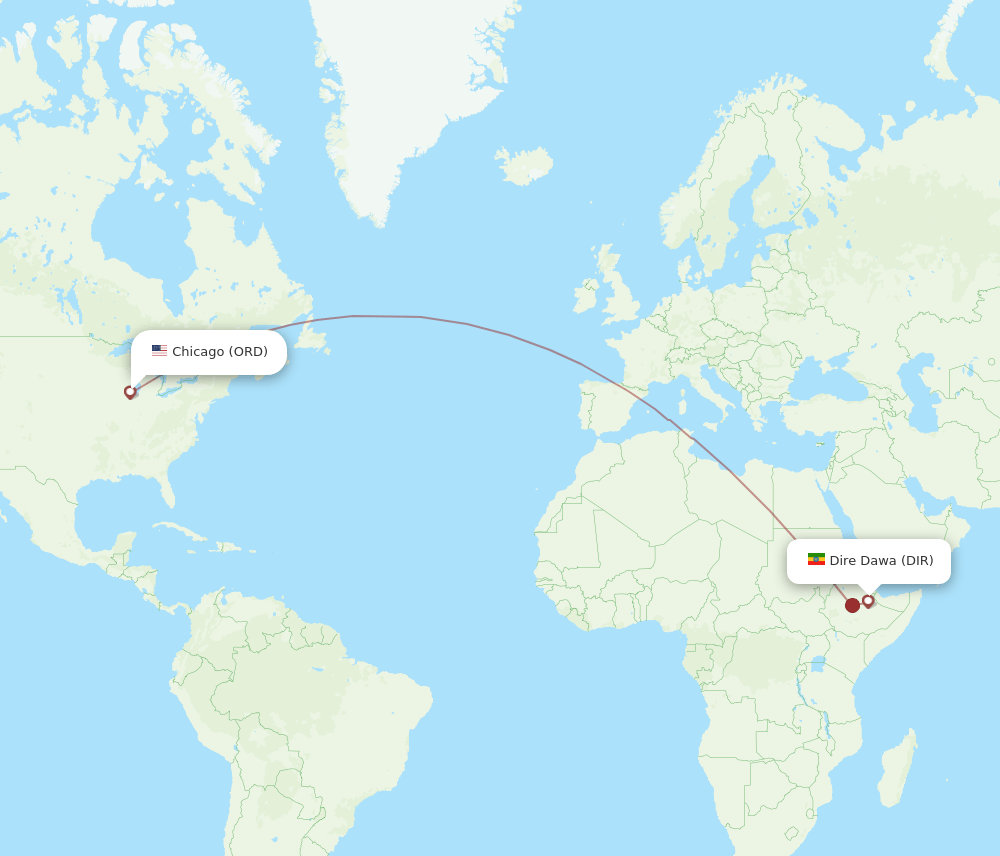 Dire Dawa - Chicago route map and flight paths