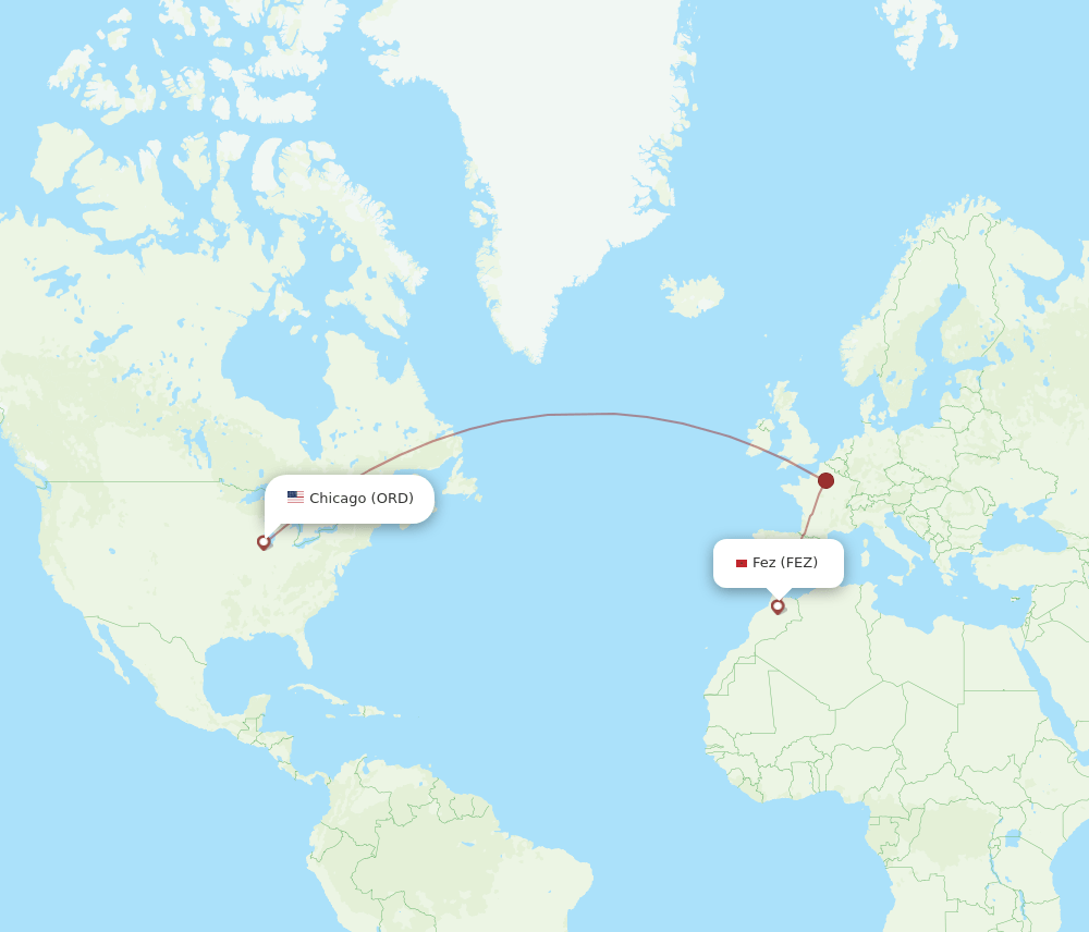 Fes - Chicago route map and flight paths