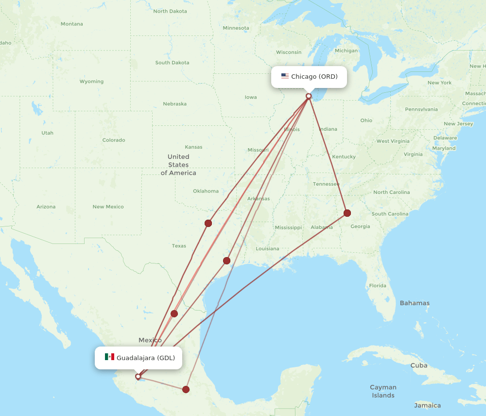 ORD to GDL flights and routes map