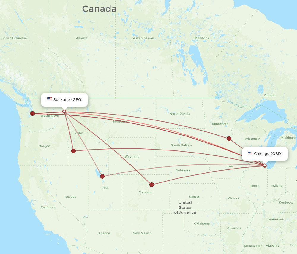 ORD to GEG flights and routes map