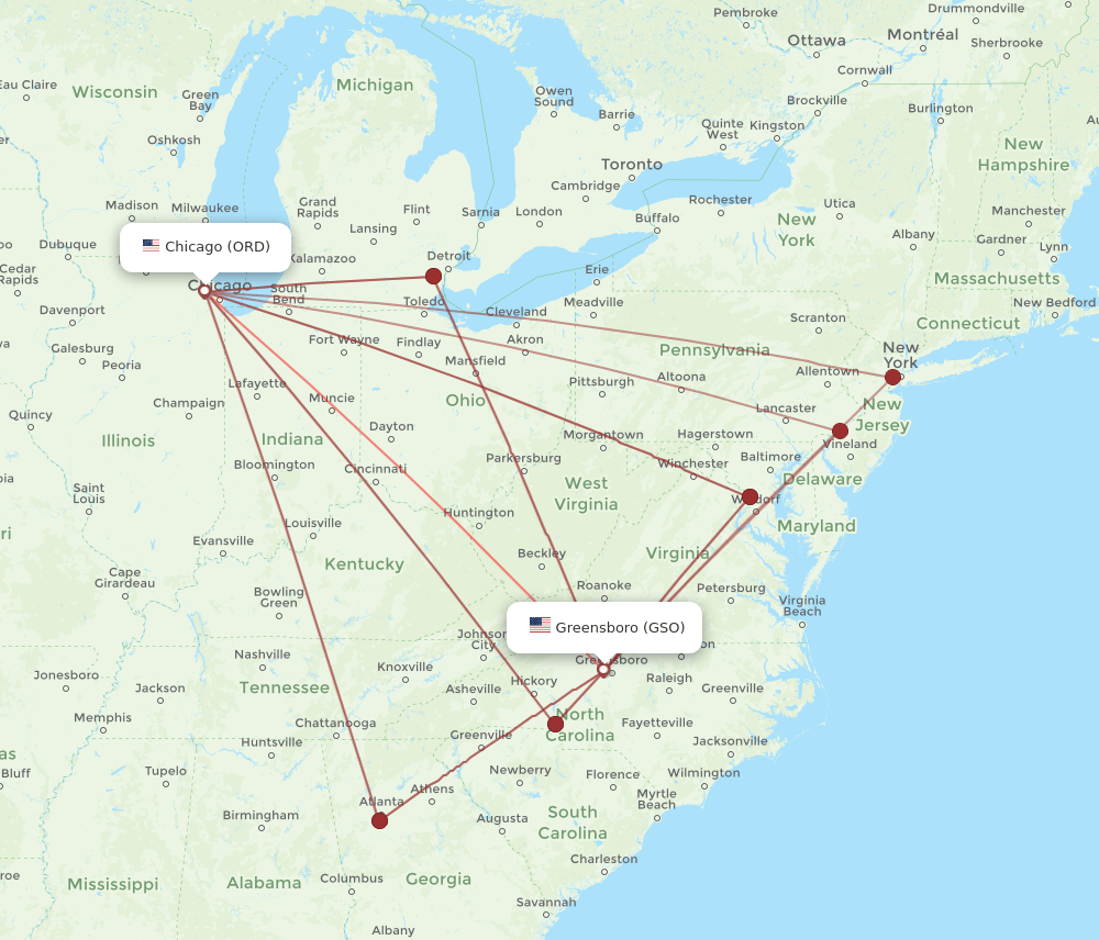 ORD-GSO flight routes