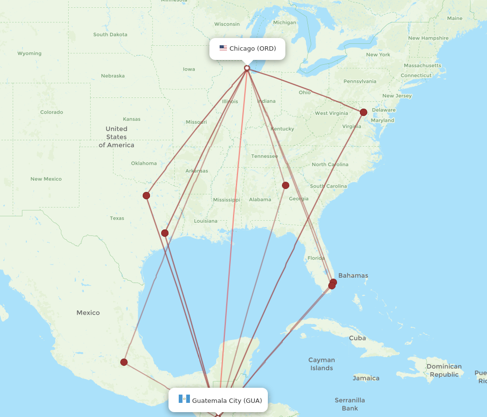 ORD to GUA flights and routes map