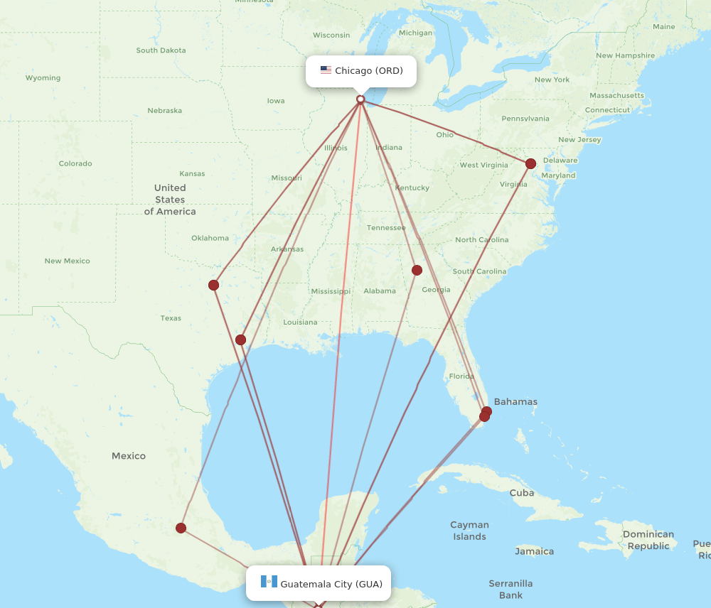 ORD-GUA flight routes