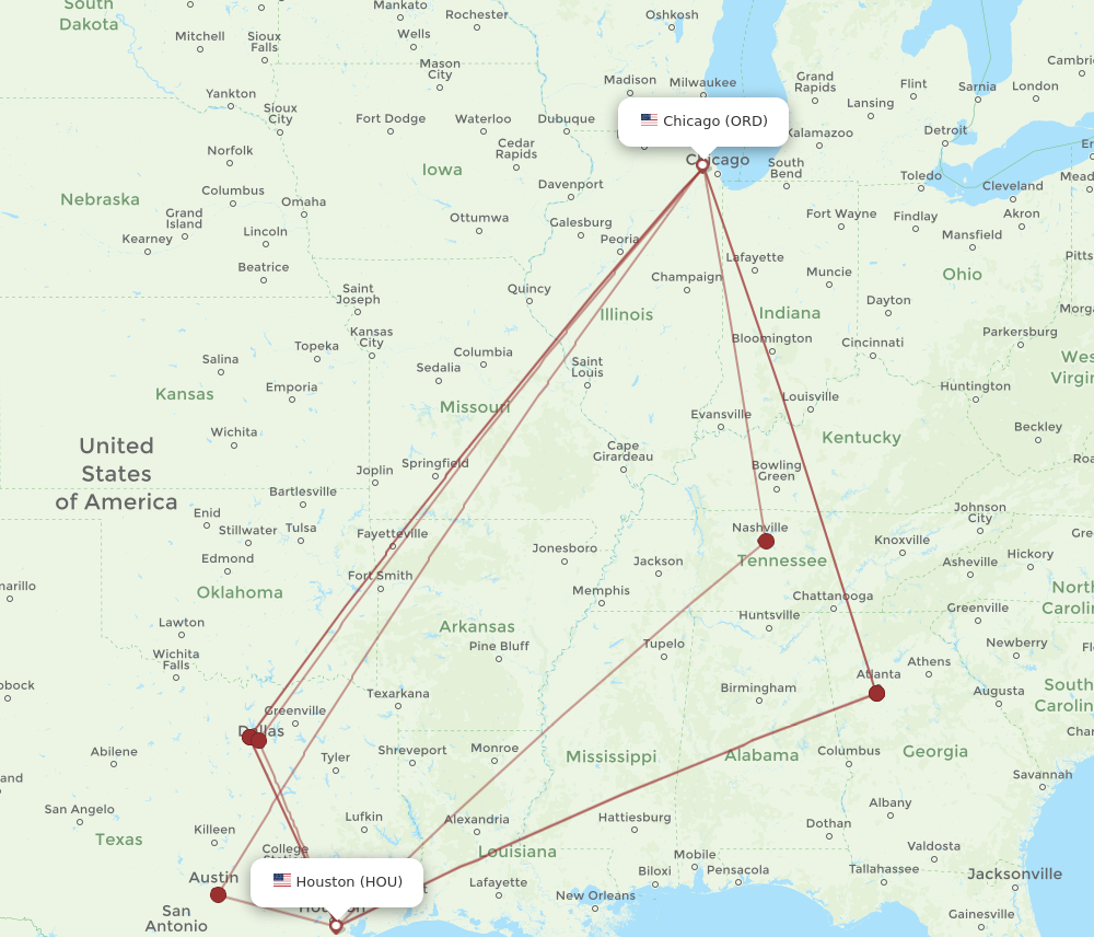 ORD to HOU flights and routes map